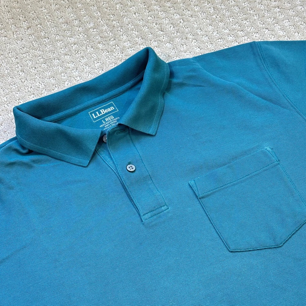 LL Bean Polo Shirt Men's Large Reg Classic Pique Teal Blue Short Sleeve Pocket